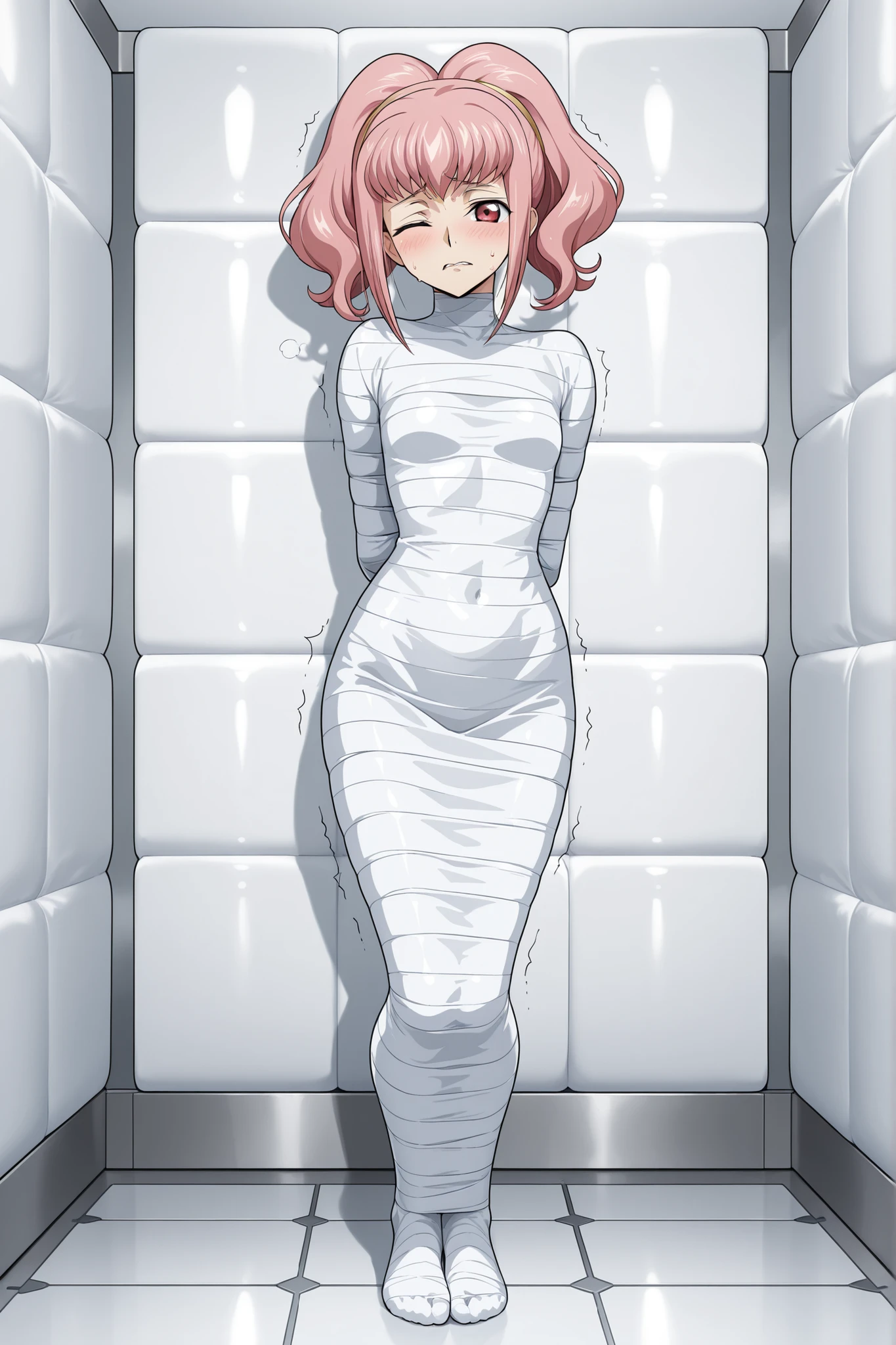 ,Code Geass: Hangyaku no Lelouch,Anya Alstreim,pink hair,red eyes,
, ,White bandage,All White tape,Mummification Bondage of White,White mummy,White mummification,White mummified,feet together,bondage,wrappedupgirl,Arms behind the body,Arm Mummification,
,Arms are pressed against the back,There is no space between the body and the arms,Hands behind the body,
,(masterpiece, best quality),anime style,beautiful girl,high resolution,vivid colors, extremely detailed,Ultra detail: 1.3,Vibrant colors,anime screenshot,
,Background an unadorned white Padded room,Background Small a featureless white room,
,One girl,a girl,Only one girl,1girl,solo,
,Whole full body,full body in frame,,face visible,
,close-up,face focus,
,looking at viewer, direct eye contact,turned head,
, ,awkward expression,nervous,trembling, biting lip, ,one eye closed,One eye is half open, ,blush, ,sweat, a lot of sweat,