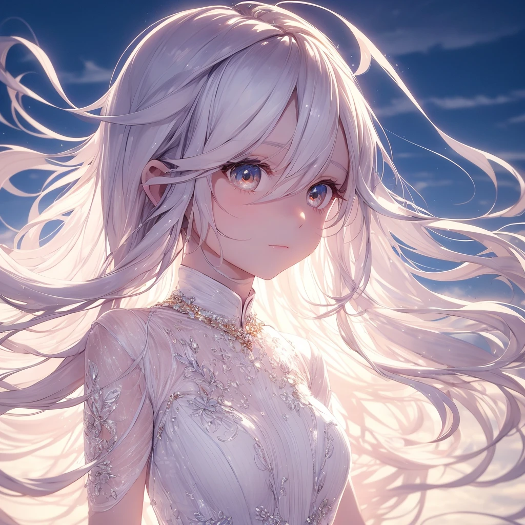 ((masterpiece:1.5、8k、Portraiture、Photorealistic and very detailed CG、Very detailed、Particle Effects、Dynamic Effects、Shallow depth of field、Cinematic Light、Lens flare、Ray Tracing、Tabletop、Realistic:1.4、Ultra-high resolution:1.2、Realistic、Realistic))((alone、,A woman wearing a cashmere coat over an off-the-shoulder dress:1.4、wear a long scarf、White Belt、coat、Elegant woman posing、Detailed face、brightexpression、young, bright, Whiter skin、small breasts、Best Looks、Ultimate beauty、Shiny silver hair with highlights、bright and shiny hair,、Super long, Silky straight hair、Hair dancing in the wind))(morning、outdoors, winter, snow falling)
