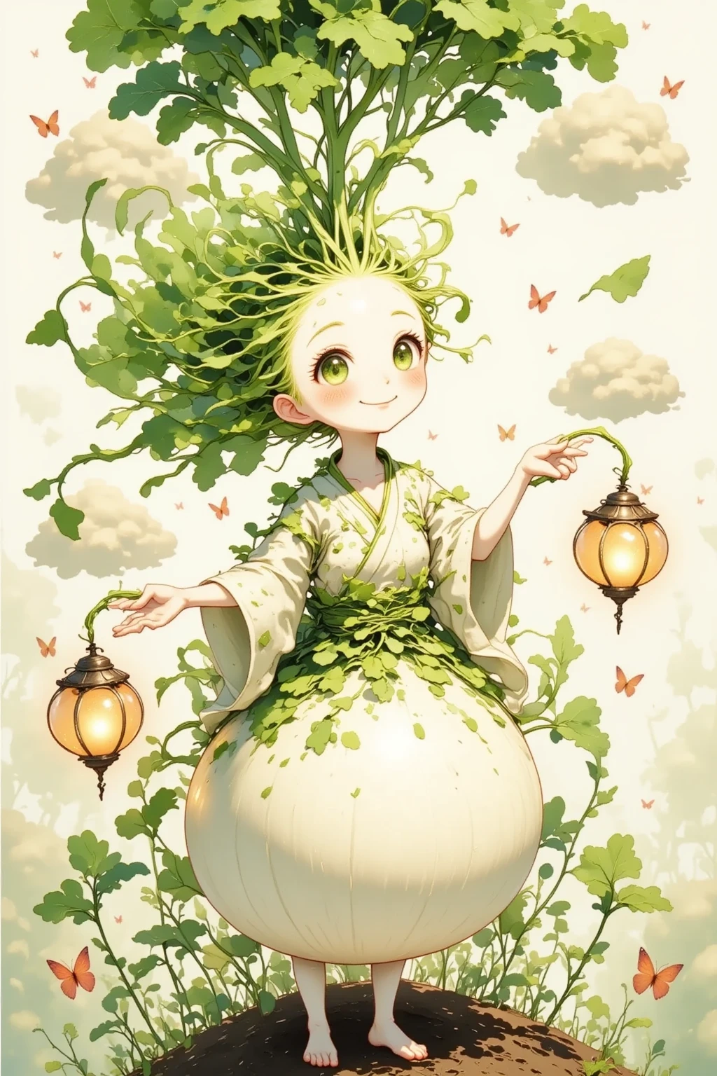 A whimsical and surreal art piece featuring giant, anthropomorphic daikon radishes in a fantasy garden. The daikons have cute smiling faces, leafy green hair, and wear tiny kimonos made of petals. They are dancing under glowing lanterns floating among clouds shaped like vegetables. Hyper-detailed, soft pastel colors, dreamlike lighting, Japanese ink-style brushwork blended with digital art, highly imaginative and playful