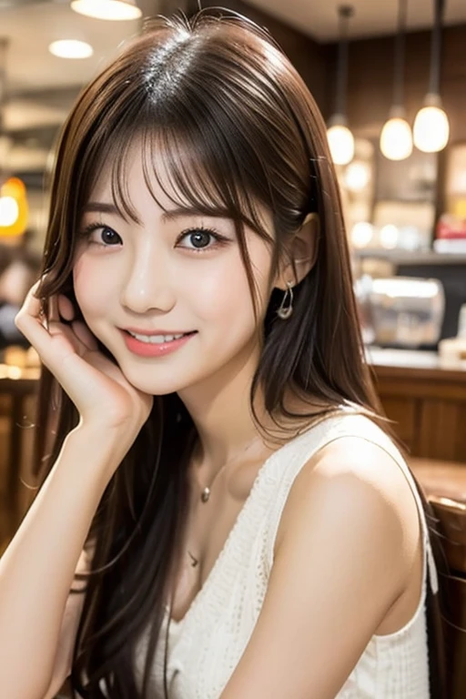 Tabletop, highest quality, figure, Very detailed, In detail, High resolution, 8k wallpaper, Perfect dynamic composition, Beautiful fine details, Natural Lip, big (chest:1.3), Random sexy poses, RAW Photos,cute,smile、chestを強調、Close bonds、Silk off-shoulder
