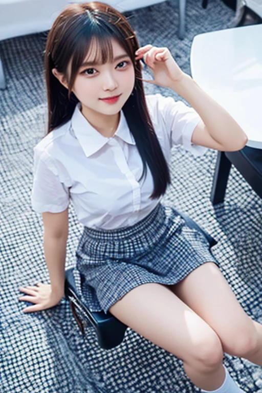 (8k), (highest quality: 1.2), (Realistic), (Realistic: 1.37), Ultra-high resolution, (1 girl), cute, smile, Mouth closed, Beautiful details, Beautiful Nose, Wet Hair, Twin tails,Giant Dulcefo, pork, Thighs，Self Snap,University uniform,simple(shirt formal,Light Blue:1.4),Pleated skirt,(The skirt and tie are gray tartan check pattern.....:1.3),(Sitting:1), Sit on the ground,(Hug my feet:1),(Pink Pantyhose:1.2),from the front,knees