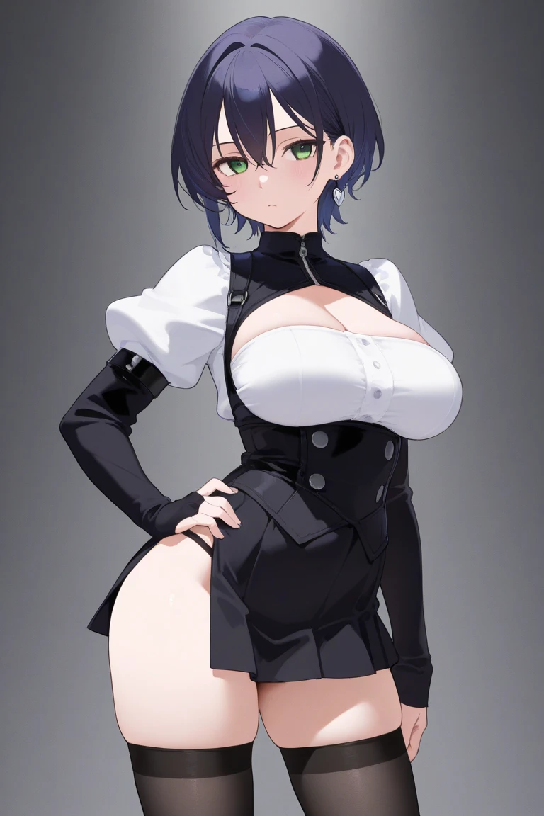 1girl, spiked hair, very short hair, yellow eyes, tan, tan skin, tan-skinned female, black hair, pixie cut, large breasts, hourglass figure, thick thighs, smile, smirk, smug, toned, white shirt, jacket, sneakers, black jacket, shirt, short pants, shorts, standing, full body, thighhighs, black thighhighs, fingerless gloves