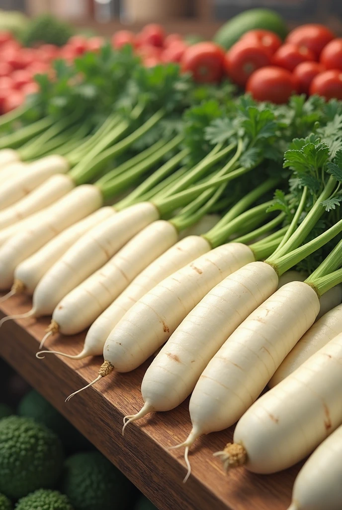 There are two white radishes,There are green leaves on it, Crisp and sharp, Crisp details, herb, esthetic photo, High-quality photos, Plant roots, high-definition, herbs, highly Rendering, Rendering, Close-up portrait, Dark background, No cropping, you won't believe it, Perfect refreshing sunshine, beautifully Rendering, Close-up photos, 在Dark background上