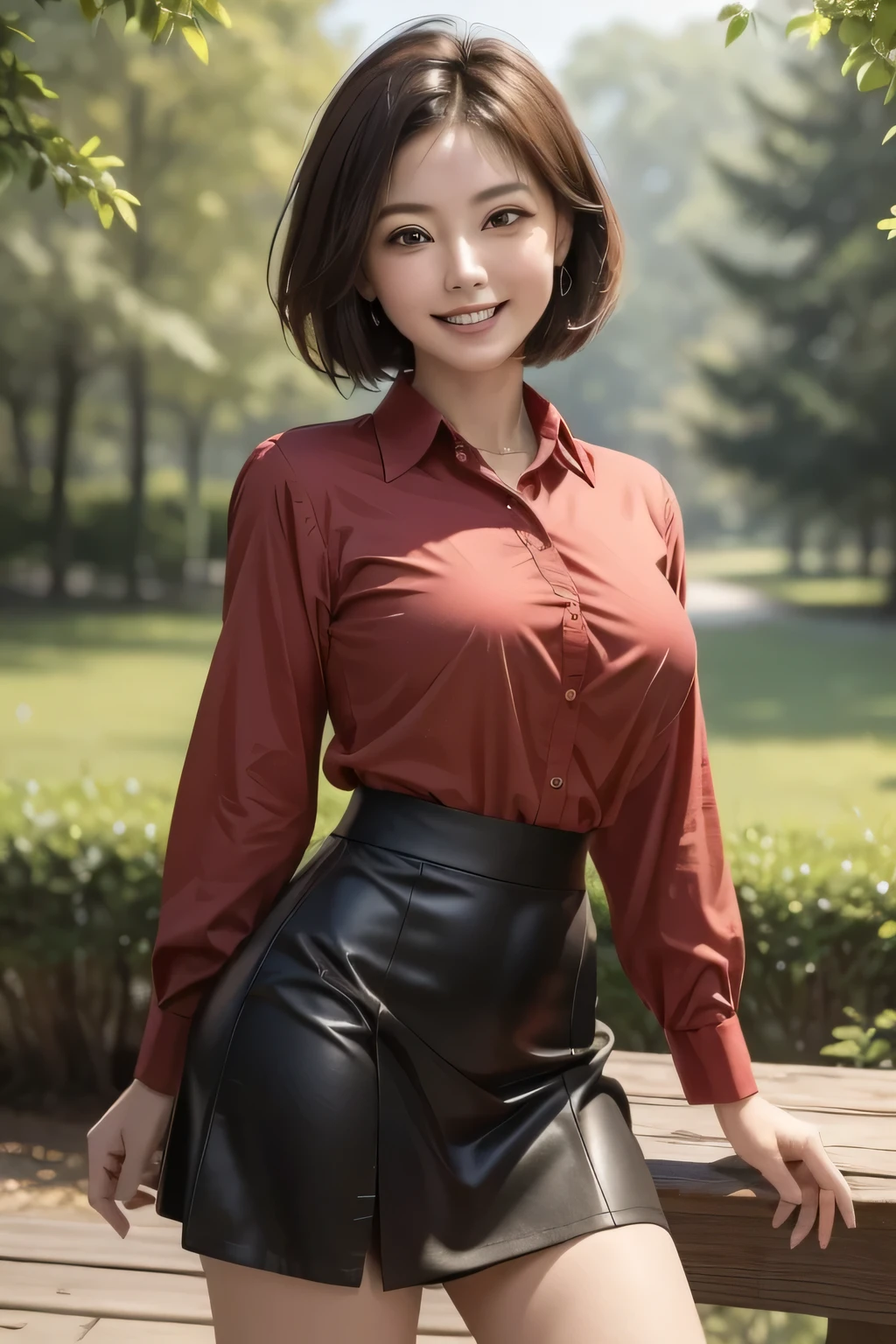 ((masterpiece)), ((best quality)), 8k, (highly detail), (surreal), realistic, (1 girl), Mature, beautiful eyes, double eyelid, Long eyelashes, grin, (Big Breasts), beautiful and nice eyes, short hair, dark brown eyes, ((red collared shirt, black tight skirt)), thighs, ((background: forest park)), Perfect Eyes, charming eyes, Being watched by the audience, (cowboy shot)