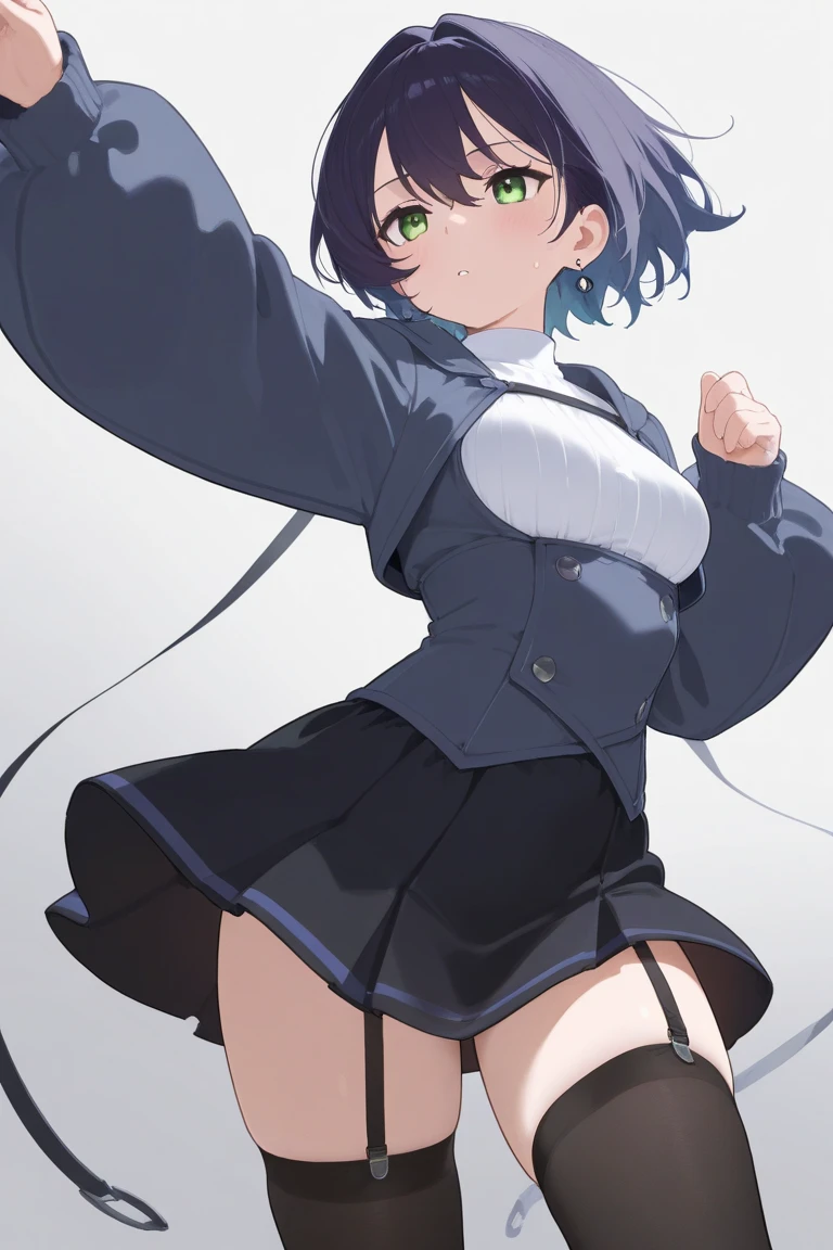 Dog ears,Bigboobs,cropped shoulders,knee length socks,pleatedskirt,athletic sneakers,hoody,Stand up,((middle parted hairstyle))