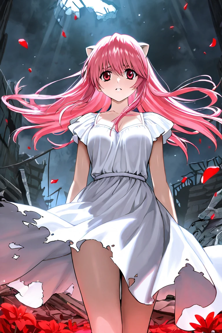 soft and warm color, movie still,bright, vivid,dreamy, evocative use of light and shadow, incredible beauty, anime style, vibrant, studio anime, beautiful, textural, ray tracing, absurdres, offical art, illustration, (beautiful and aesthetic:1.2), (((masterpiece))),(((best quality))),((ultra-detailed)), solo, looking at viewer, hayao miyazaki style, <lora:elfen lied nyuu-lora-nochekaiser:0.7>, nyuu, long hair, red eyes, pink hair, horns, dress, arms behind back, standing, ((abstract art:1.5, colorful, abstract background))