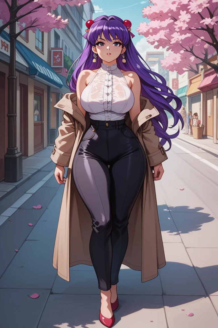 sao anime style asuna \(sao\), 1girl, brown eyes, bright purple hair,Big breast,Fake big breast,Sculpted calves,Wide hips,Big ass,Tight tights,scoop Cleavage, Skindentation,Long thick Wavy hair,thin long sleeve dress,Walking in street,Purple lips,dark blue Eyeshadow,Fancy earring,chain Dog tag,multistrand necklace,((Solo)),((1girl)),Mature,Curvy figure,Swaying hips,Heels,Confident walk,eyelash,Bare leg,Light blush,Thick lips,Half eyes open expression,Calm expression,pursebag,Red light district,Blunt bang hair,Body facing viewer,High quality,tattoo with image of Laughing coffin mark,Bright purple hair,Spouty mouth
