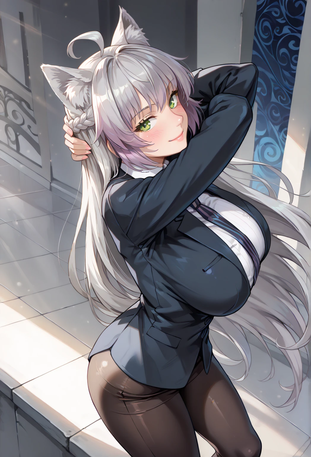1girl, alone, Eiai Nano, outdoors, casino, looking at viewer, (masterpiece:1.2), best quality, high resolution, unity 8k wallpaper, (illustration:0.8), (perfect hands, perfect anatomy), (blush:1.5), shiny hair, shiny skin, standing, nano eiai, long hair, bangs, hair between eyes, red eyes, grey hair, medium breasts, white leotard, playboy bunny, rabbit ears, white thighhighs, arms behind back, from above , medium breasts, medium waist, wide hips, medium thighs, good anatomy, good hands
