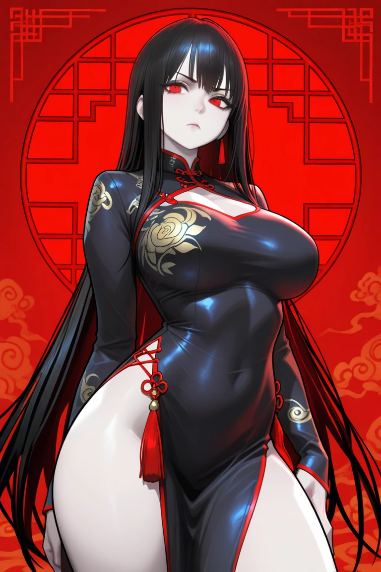 A girl with long loose black hair, crimson red eyes. Deep red lipstick, red eye shadow , very big breasts, demon, with geisha clothes , big breasts, (arms behind back), japanese tapestry background, 