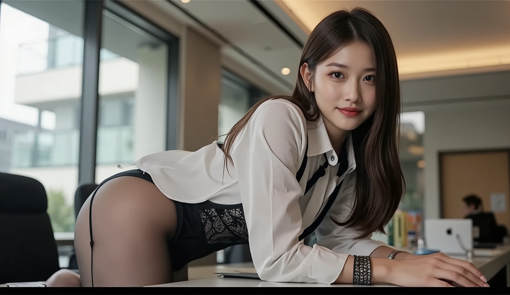 Super Beautiful Office Lady、Seduce me with your plump butt、Y shirt、Black suitpants、posterior view、A smile、(((ultra best quality, masterpiece))), (((ighly detailed)))