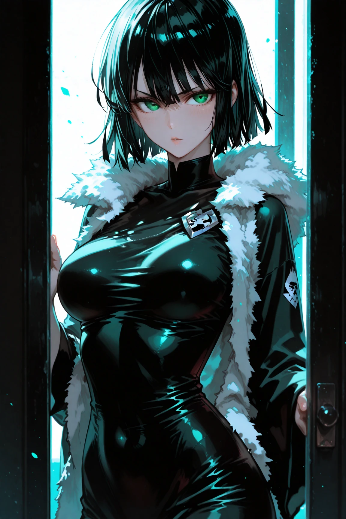 fubuki, fubuki, black hair, (green eyes:1.5), short hair, BREAK black dress, dress, fur coat, high collar, jewelry, necklace, off shoulder, taut clothes, taut dress, BREAK outdoors, BREAK looking at viewer, (cowboy shot:1.5), BREAK (masterpiece:1.2), best quality, high resolution, unity 8k wallpaper, (illustration:0.8), (beautiful detailed eyes:1.6), extremely detailed face, perfect lighting, extremely detailed CG, (perfect hands, perfect anatomy),