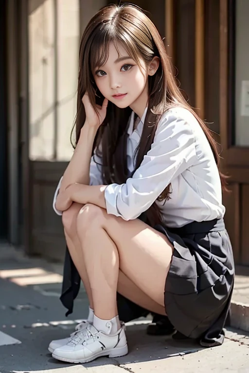 long eyeslashes、Beautiful double eyelids、Sanpaku eyes、Duck mouth、(8K、Raw photography、top-quality、​masterpiece:1.2)、(reallistic、Photorealsitic:1.37)、The ultra -The high-definition、1 girl in、cute little、Colossal tits、beautidful eyes、cleavage on the chest、perfect bodies、Perfect fingers、profetional lighting、goddess of Japan、gravure、Detailed face and skin texture、A detailed eye、Raw photo、90 degree knees、heels on the ground、hands in front of feet、hug your feet、Knelt、Walkway、Raw photography、超A high resolution、Beautiful face in every detail、Realistic human skin、Gentle expression、front-facing view、angle from bellow、length hair、realisitic、Photorealsitic、cute little、a short skirt、Squatting deep in the city、cute school girl、Japan schoolgirl wearing uniform、Surreal High School Girl、full body Esbian、(((White panty)))