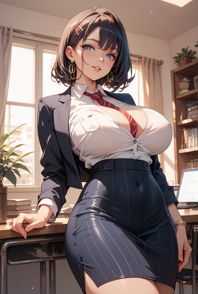 NSFW, (Official art、Best Quality、Unity 8k Wallpapers、32K、masterpiece、ultra-detailliert、超A high resolution、realisitic、Photorealsitic:1.2)、(natural soft light:1.2)、Fireglow effect、The grainiest shadow of the film、side lights、sideshot、(ultra-detailliertで複雑な3Dレンダリング)、Detailed beautiful face and eyes、sharp pupils、Realistic pupils、middlebreasts、Smile、high-heels、Woman in skirt and shirt sitting on desk, Office Clothes, on desk, on deskに座る, on deskに座っている,bent at the knees、Opening legs、open your legs、pantie shot、 wearing business casual dress, A sexy、business clothes, In the office, wearing a suit and glasses, Fully dressed, business outfit, embarrassed from, A slight smil、Business attire、cleavage of the breast、A sexy、