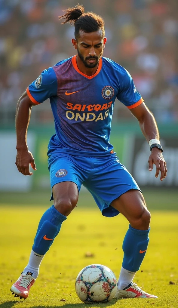 A indian football player wear indian football team jersey which name is vasu with masculine body and jersey no. 29
Way on goal