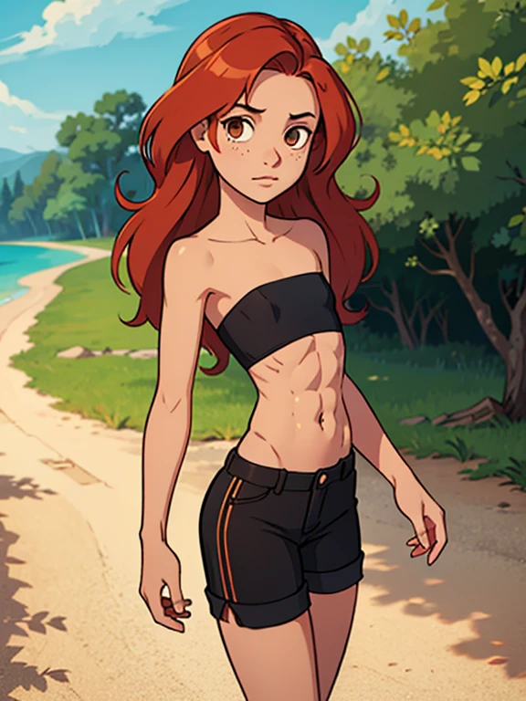 ((1girl, solo, a tiger is hidden )), ((girl is nude,18 yo, (redhead long hair), perfect body)), (girl is dressed with an animal-print bikini, walking ), (background jungle ) (left view, full body)