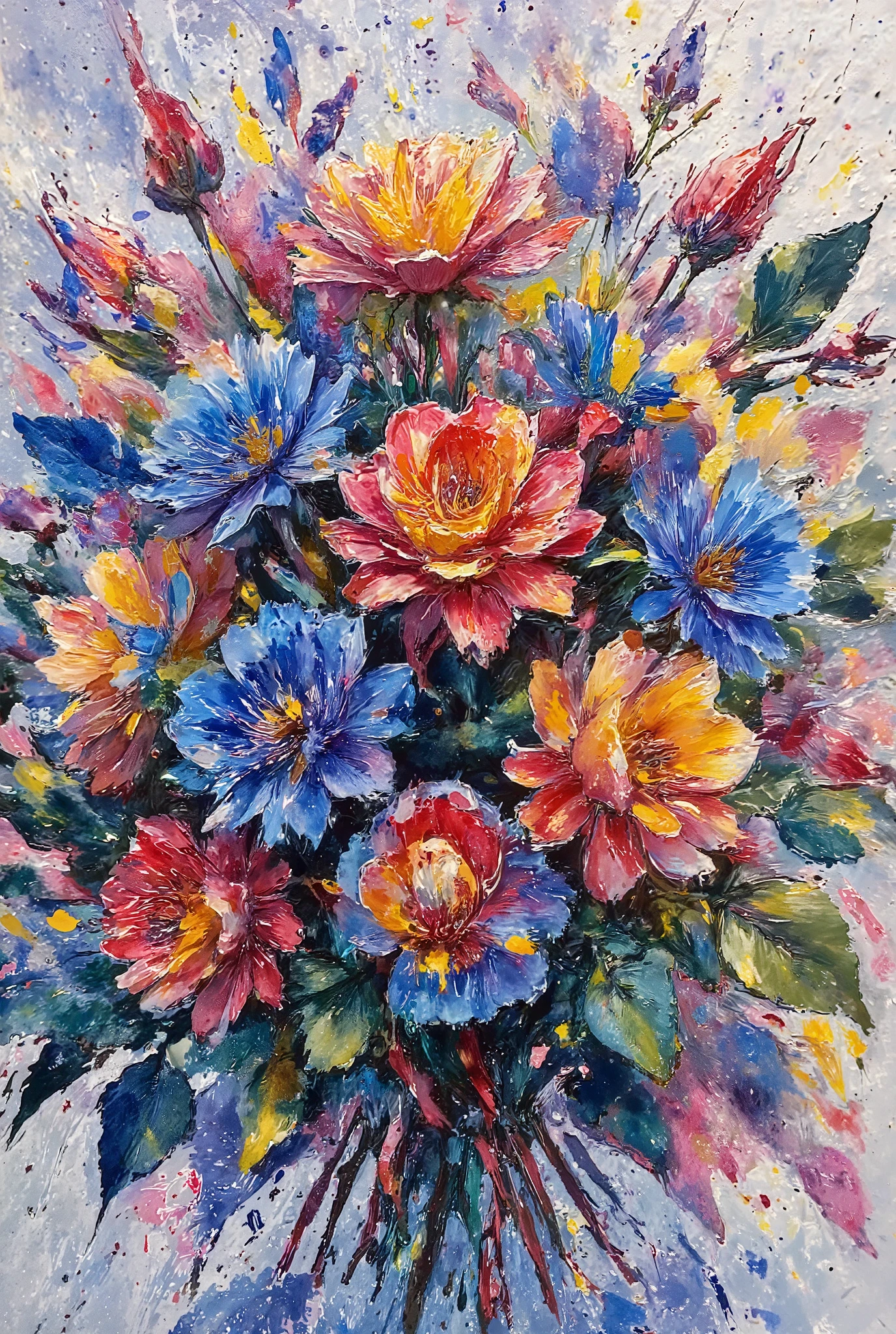 watercolor painting,impasto oil painting,vivid red and vivid bule and vivid yellow roses