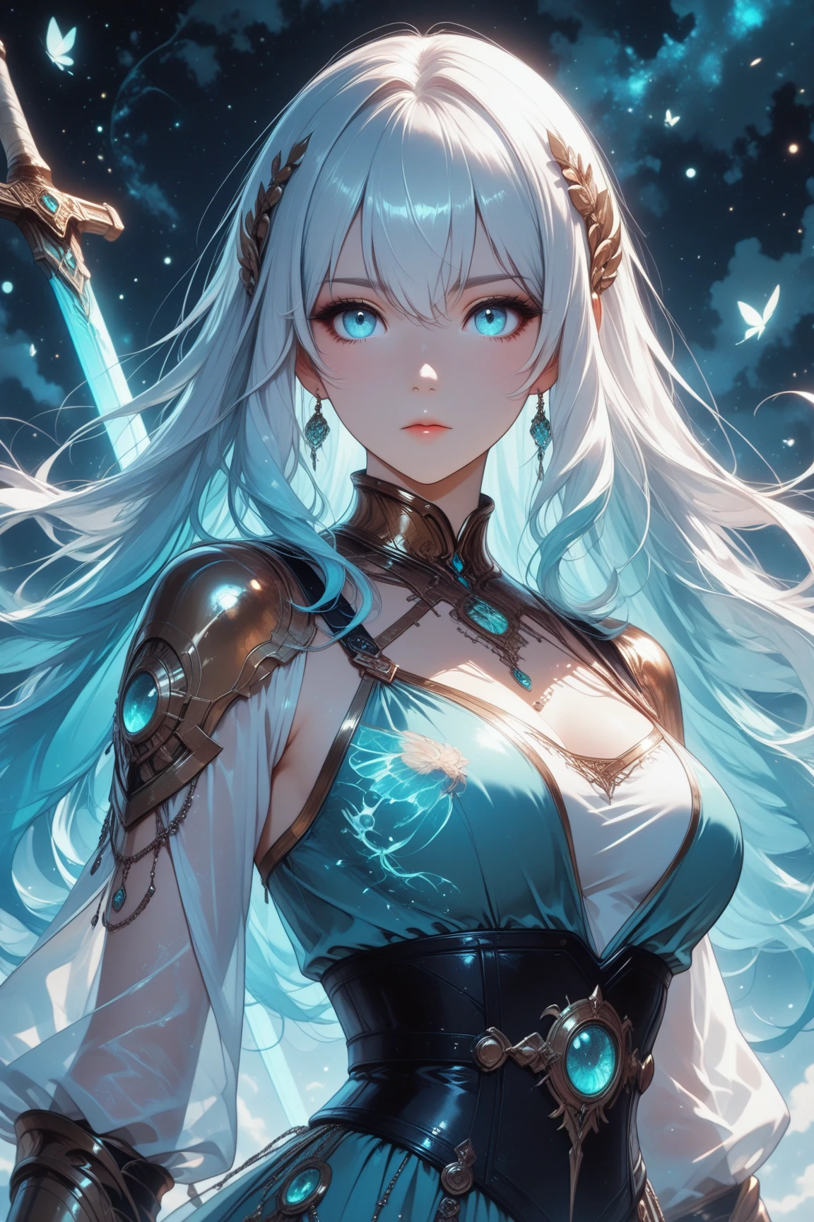 (((Tabletop))), (((Highest quality))), ((Very detailed)), (Very detailed写真), ((Very delicate and beautiful)),(Cute delicate face),here is a digital art of a very futuristic looking female that has armor and armss, One Girl, arms, alone, sf, Holding, Holding arms, robot,Beautiful face and eyes, double eyelid,Delicate skin,Slim figure、Dress and armor
