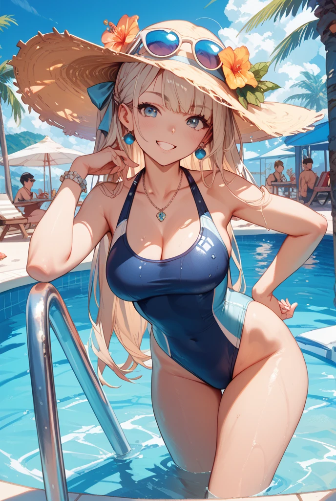 ..... soft, cute adult neko with cat ears, lush blonde hair long with two 2 long braids, Blue eyes,..... In a striped blue and white bikini by the pool on the ship on the ship's deck... Ship yacht 