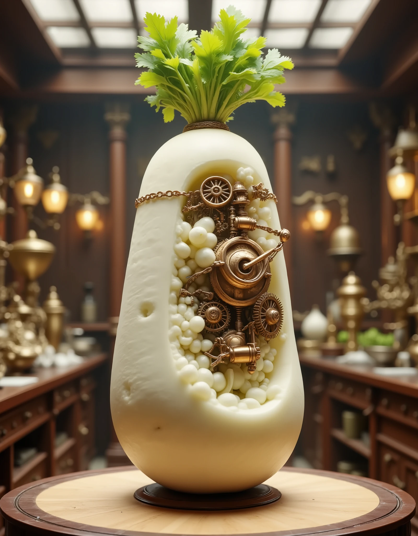 A colossal daikon radish transformed into a steampunk marvel, intricate copper gears and pistons embedded in its flesh, roots entwined with chains and pressure valves. Victorian-era laboratory backdrop with gas lamps, warm lighting. Mix: hyper-realistic daikon texture + Jules Verne machinery + Ukiyo-e woodprint clouds. Style: Hayao Miyazaki meets Nikola Tesla, 19th-century botanical illustration. Sepia tones, brass and emerald color palette, cinematic depth of field. --ar 16:9 --v 6