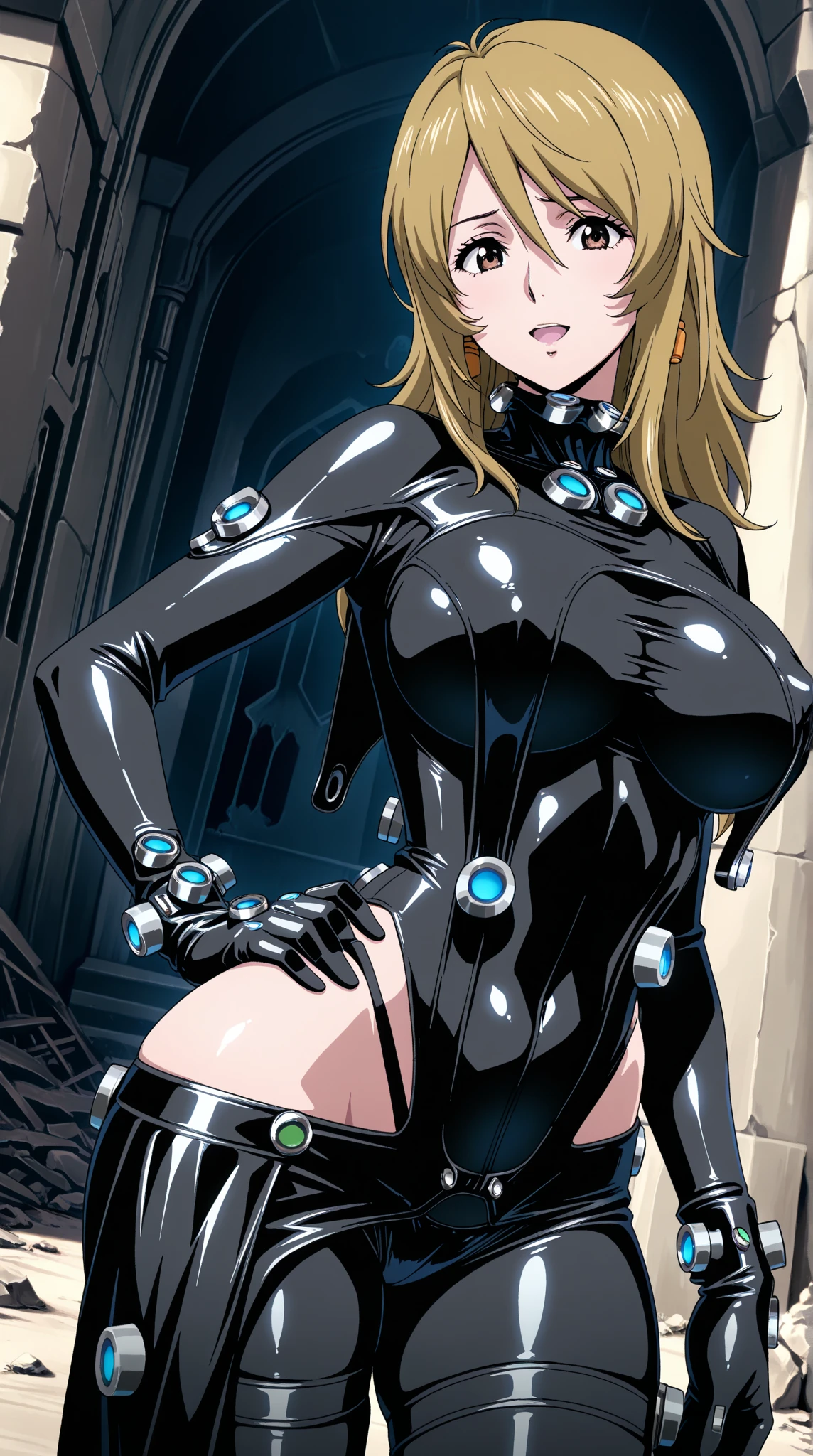 anime artwork, score_9, score_8_up, score_7_up, score_6_up, score_5_up, score_4_up, r,Camie Utsushimi, light brown hair, dark brown eyes,, breasts, , big breasts, , , , she is 24 years old, , ,horny, , , , style_3, ,,catsuit, floox style,