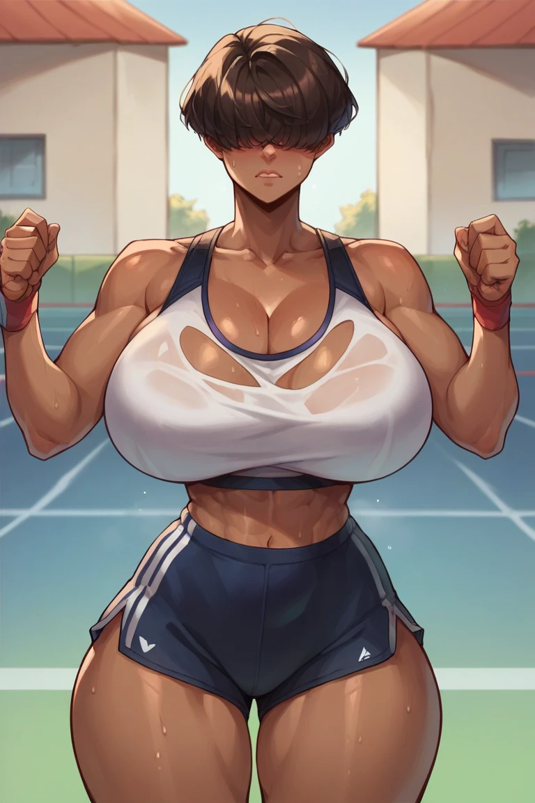 (girl,Black Hair,darkskin,crown braid hair,Grey Eyes,Large Chest,Wide ass,Abdominal muscles)Tank top,Shorts、夜の街で魔術を使うgirl