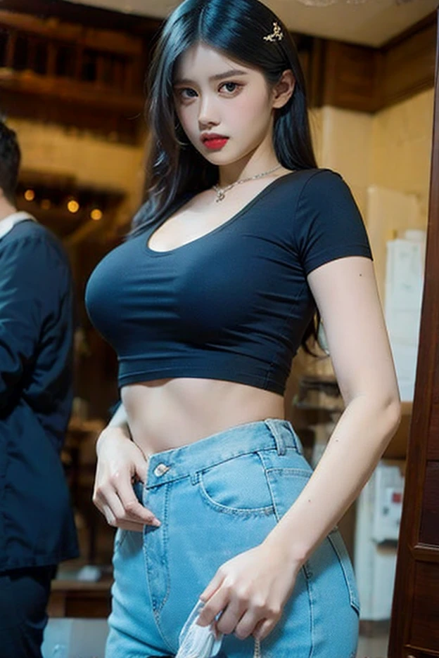 Korean dancing woman, happy smiling facial expression, realistic skin, wavy hair, cleavage, realistic breasts, medium breasts, realistic nipples, very high resolution, dynamic pose, dynamic perspective, large file size, maximum details, 8k, realistic, necklace, earrings, average height, full body, tight tank top, tight shorts, muted colors, cool lighting, pale white skin, chinese hairstyle, accurate body proportions, thick body, youthful body, natural blush, eye makeup, glossy lips, amber eyes, long hair, perfect finger details, bright eyes, realistic eyes, expressive eyes, perfect eyes, matching eyes, plump, young woman, cinematic, makeup room background.