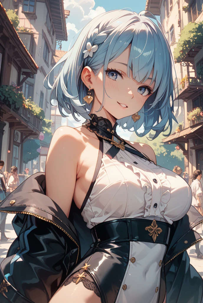 ((Masterpiece)), (highly saturated), (RAW photo: 1.2), (best quality:1.2), intricate details, (Steampunk rooftop), (from above), (sitting down), pale silver hair, cute teenage girl, sweaty, (grin face, very blush), 1girl, (sidetail hair), ((small breasts)), single elbow glove, ragged short shorts, cute bikini top only, steampunk necklace, belt, bullet, upper body, (cool pose), (Steampunk), cityscape
