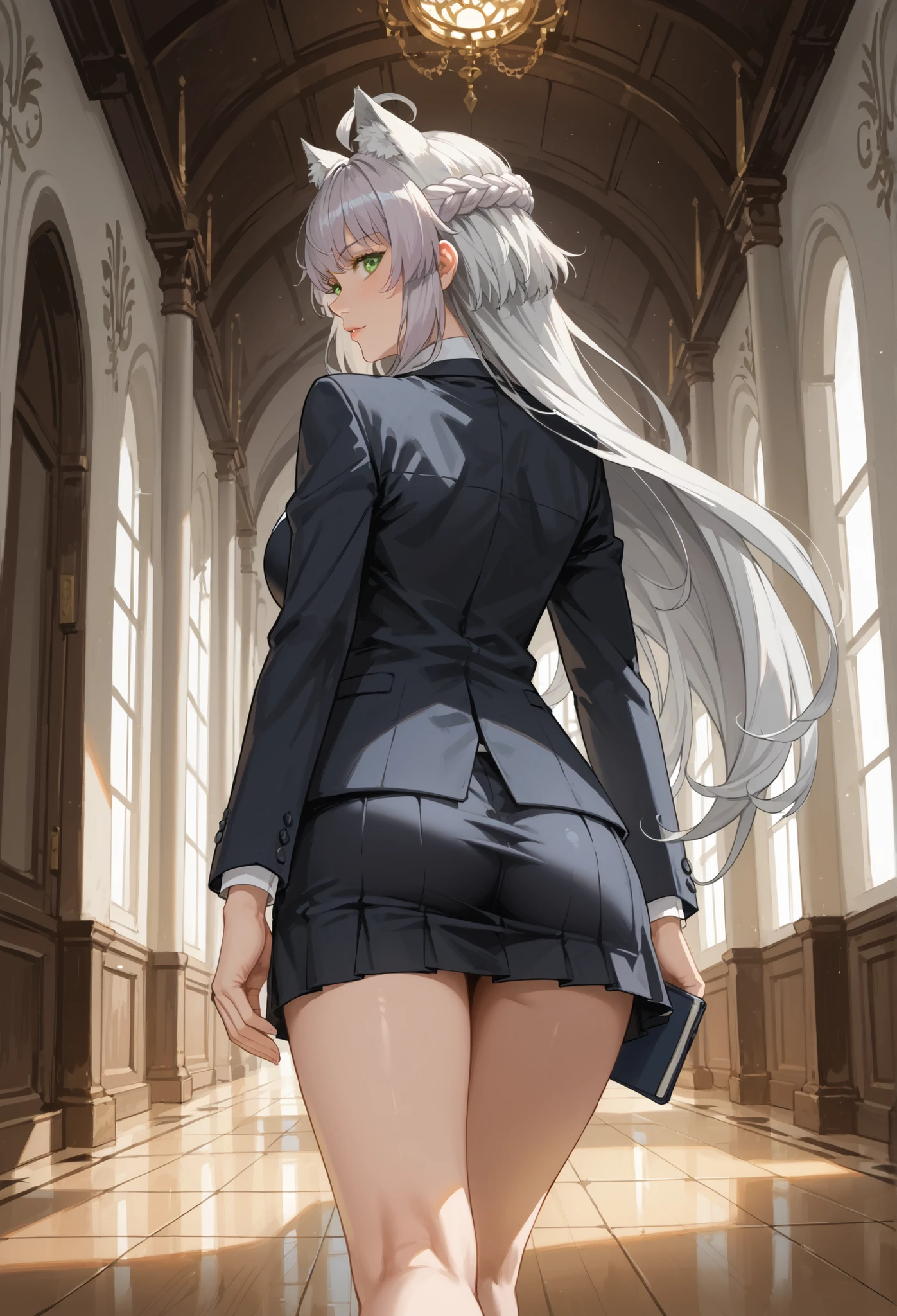 score_9, score_8_up, score_7_up, source_anime, 4K,perfect fingers,(perfect hands, perfect anatomy),prefect lighting, very aesthetic, intricate details,highly detailed background, masterpiece, high quality, best quality,
1girl,((solo)) ,atalanta, green eyes, slit pupils, grey hair, long hair, ahoge, animal ears, cat ears, , Large breasts,,
wearing ((business suit, tight mini skirt, )),,
walking away, lower body and rear view, walking down a long, light-blue corridor, light and muted colors, digital painting style, light source from front, sharp focus, smooth transitions between colors, detailed lighting, slight glow, perspective from slightly below, character centered in the frame, anime style, on the floor, hallway leads to bright area,