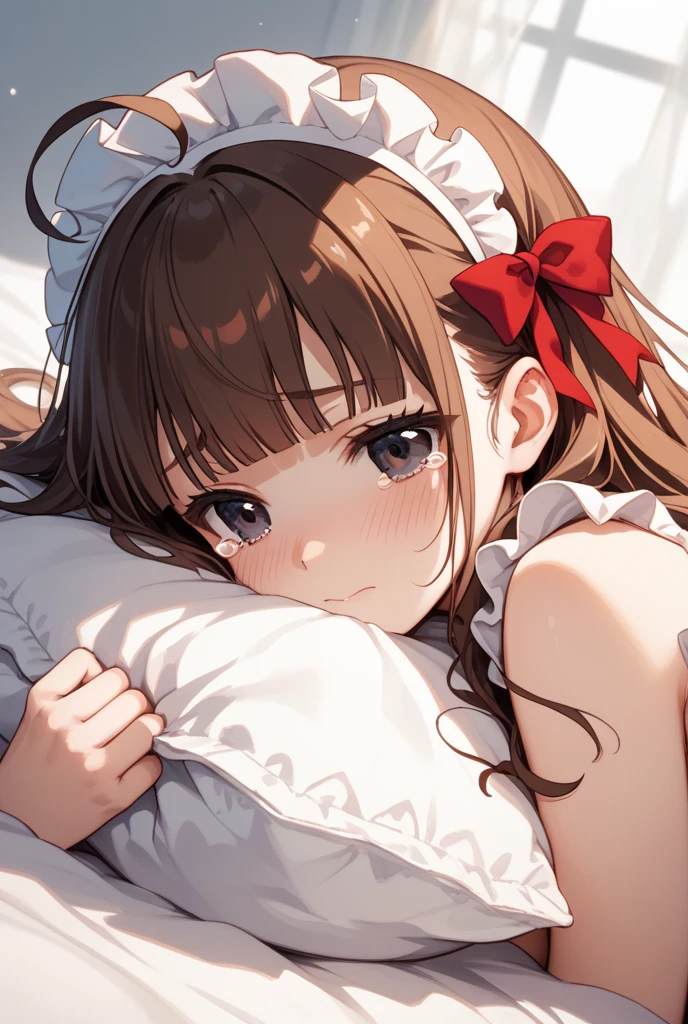 , Pale skin, dark blue eyes. Brown hair, bangs tied into two braids. Bangs up to her eyelids, She wears a black hairpin, Her dress is white with a blue bow around her neck., His socks are blue with a white stripe on the top., shoes are black. Her braids are finally tied with two small blue bows.. 1.30 tall, lying on a bed and crouching slightly scared