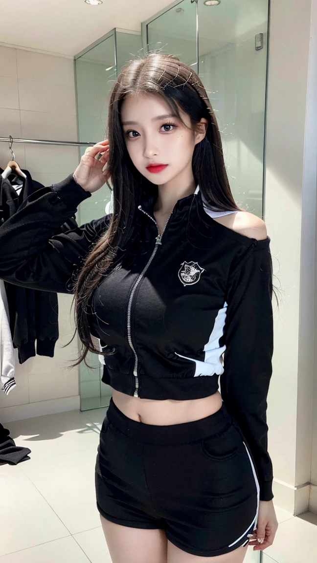 Highly detailed CG unity 8k wallpaper, of the highest quality, Super detailed, masutepiece, Realistic, photographrealistic, extremely detailed cute girl, 25yo, cleavage , (perspired) ,  Round eyes, peeping at the viewer,  Blush, Smile, parted lip, Semi-body shot , Realistic、track suit、Realistic reproduction with vests ,  Panties , Squat, sports gym