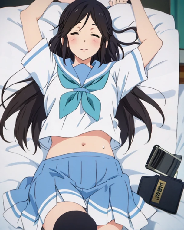 A pretty woman is sitting blankly on her bed and looking down。Anime character style。Illustrated style。