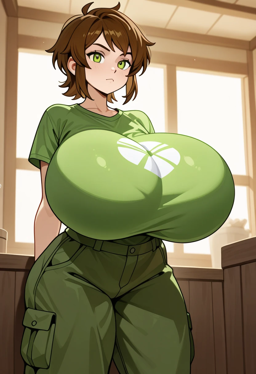 Undertale, big breasts , Chara, brown heirs, red eyes, have a knife, smiling, ((highest quality)), ((masterpiece)), (detailed),