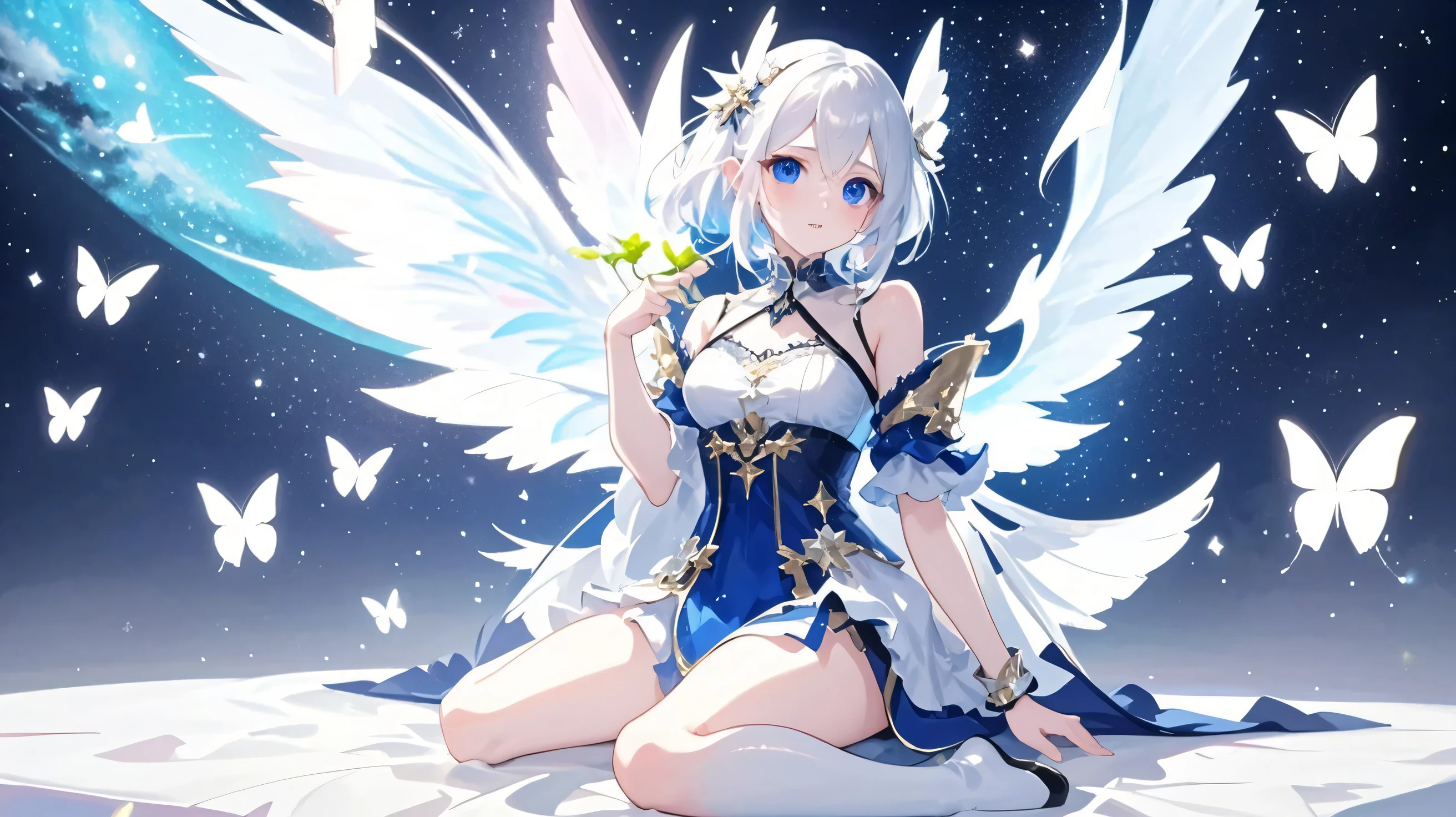 Clear colorasterpiece)、(highest quality)、(An illustration)、(Beautiful details)、1 Girl、solo、Looking at the viewer、、Long Hair、blue eyes、smile、vtuber-fullbody、Star Fairy、最高masterpiece、Official Art、Super detailed、super beautiful、かわいいStar Fairy、White hair straight short hair、Milky Way、universe、star charm、Star、Baby Face、Knee-high boots、Japanese pattern dress、浴衣をリメイクした黒と紺色のuniverseを思わせるOiranフリルドレス、Oiran、Simple Background、Green background、