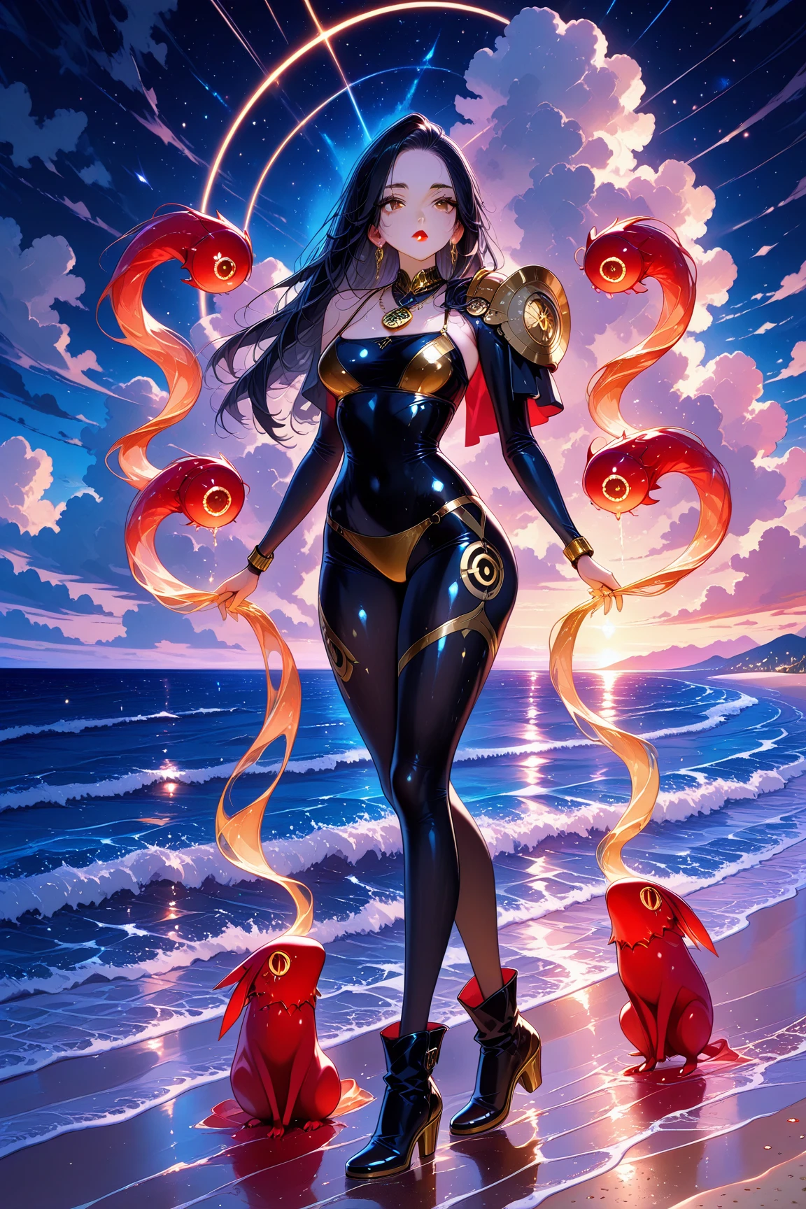 1Naked woman ,hairy vagina walking on top of the sea touching the moon,tan skin wearing red socks,taking full moon light bath! Black pubic hair, golden smilling fishes jumping out of the water.