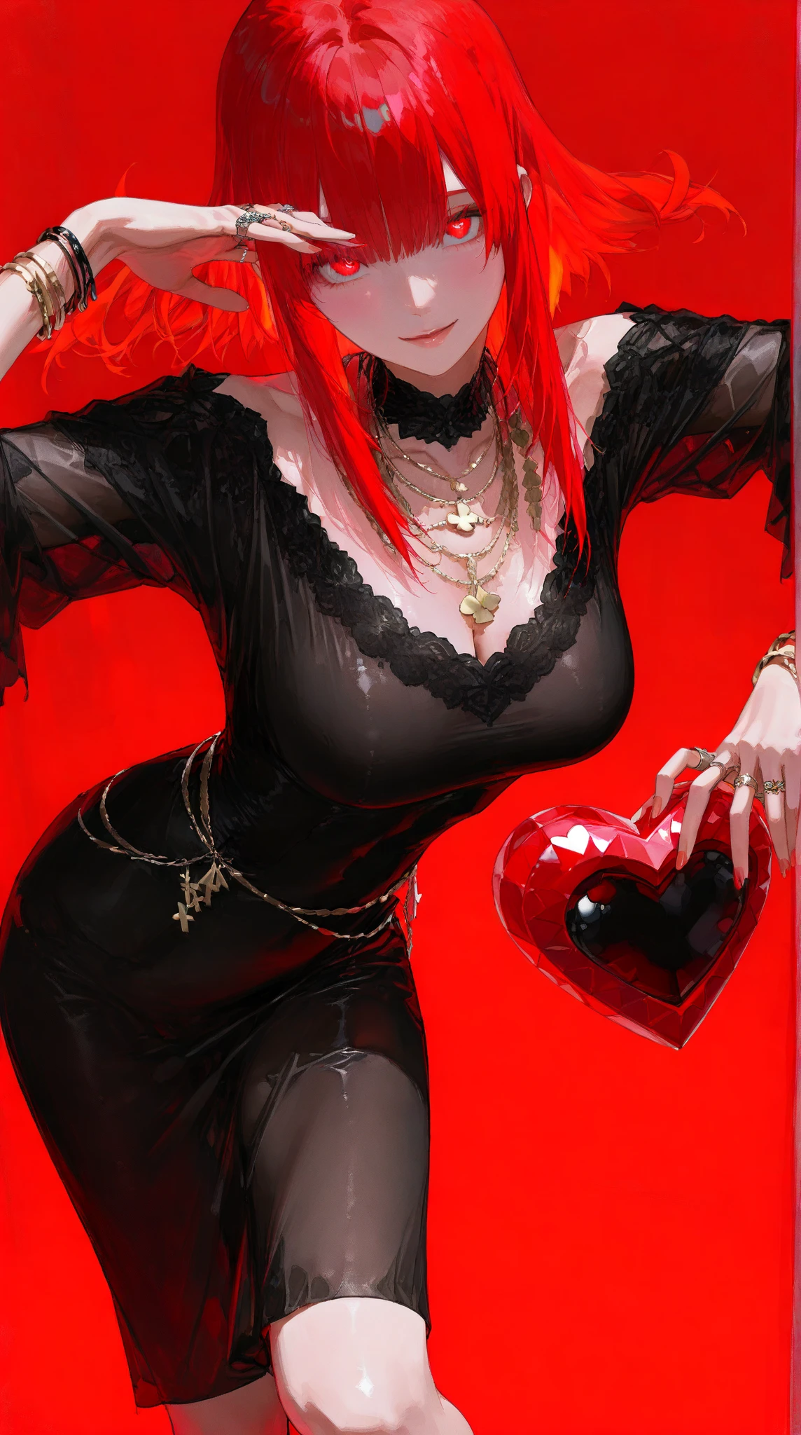 A girl with red eyes, scarlet hair, she has a red rose in her hair. She is wearing a very sexy cut black dress. She has a very intense look, a beautiful smile, blood red lipstick. She has very big breasts. She has a red rose tattoo on her chest. She has blood all over her face and body, bloody scars, dripping blood, too much blood, blood drip on eye. Ultra detailed, 4k. Nipples out. Pink background with white heart, heart everywhere, heart shape in background, love. finger heart. Valentine Day card