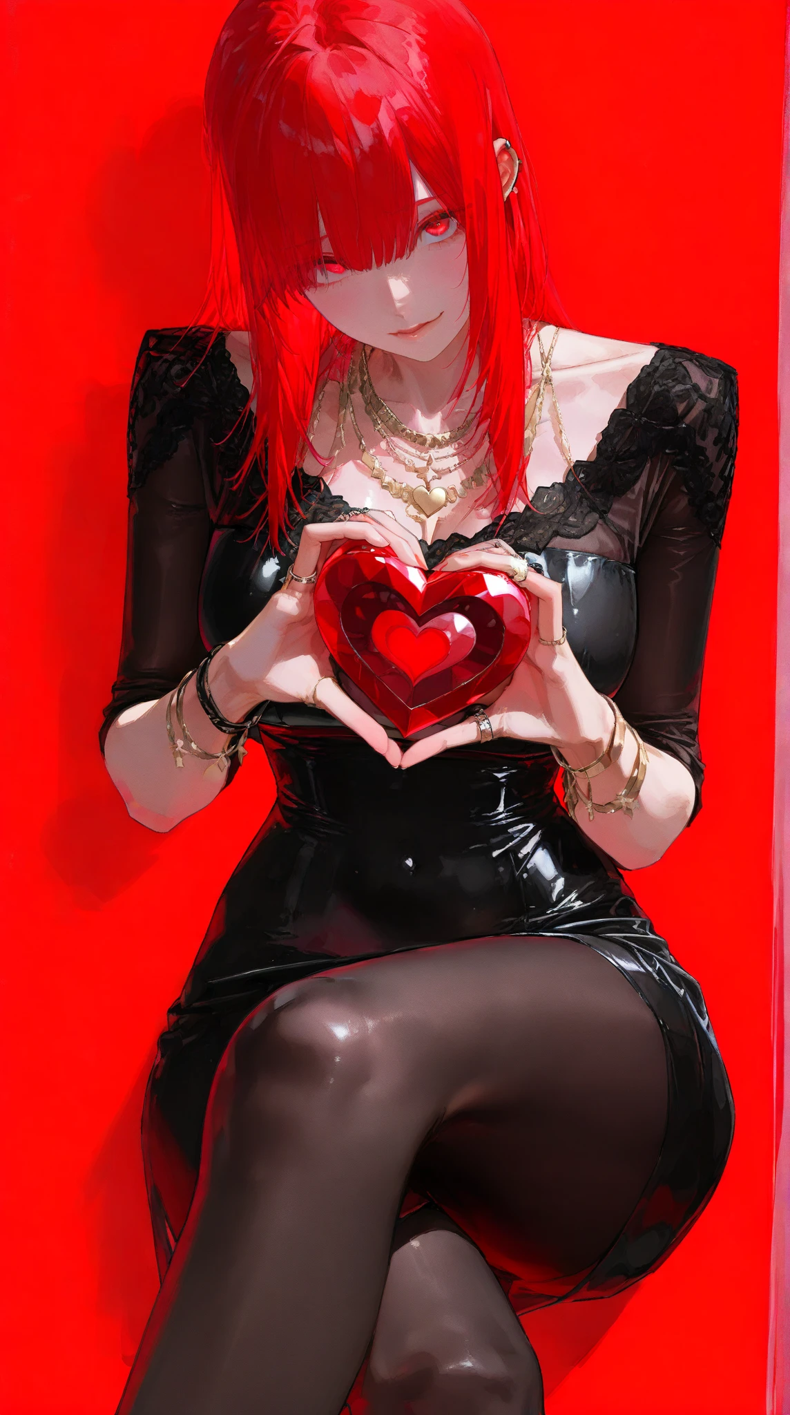 A girl with red eyes, scarlet hair, she has a red rose in her hair. She is wearing a very sexy cut black dress. She has a very intense look, a beautiful smile, blood red lipstick. She has very big breasts. She has a red rose tattoo on her chest. She has blood all over her face and body, bloody scars, dripping blood, too much blood, blood drip on eye. Ultra detailed, 4k. Nipples out. Pink background with white heart, heart everywhere, heart shape in background, love. finger heart. Valentine Day card