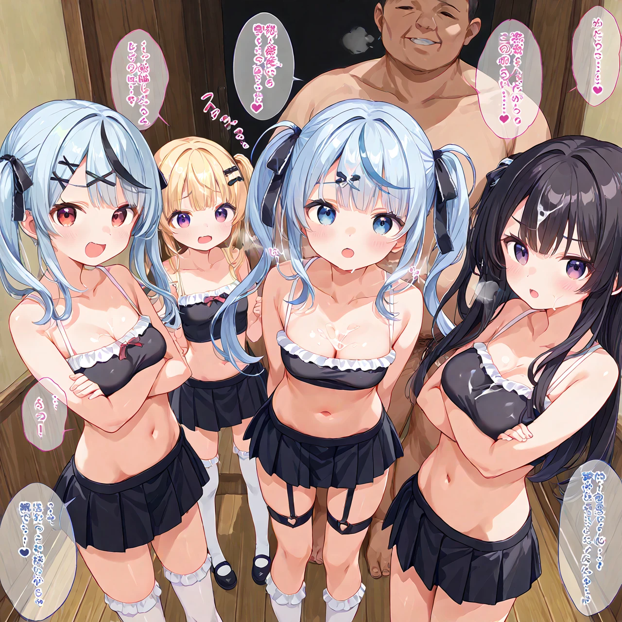 ((masterpiece, best quality, ultra quality, high quality, hyper detailed, intricate detailed, perfect anatomy, shiny skin)), ((upper body:1.2)), (three women are posing for a camera:1.4), (indoors, bed, pillow:1.2), (Lift up your camisole), (full nude:1.4), (smile, shy, red cheek, blush:1.2), (Open your mouth:1.6), (Stand in line) , brown hair, blond hair, navel, jewelry, looking at viewer, necklace, long hair, short hair, Abdominal muscles, straight hair, bob cut, blunt bangs, silky hair, hair clip, hair band, hair ribbon, one-length haircut, ducktail, outward curled hair, French twist hair, twintails, side ponytail, single braid, wavy hair,