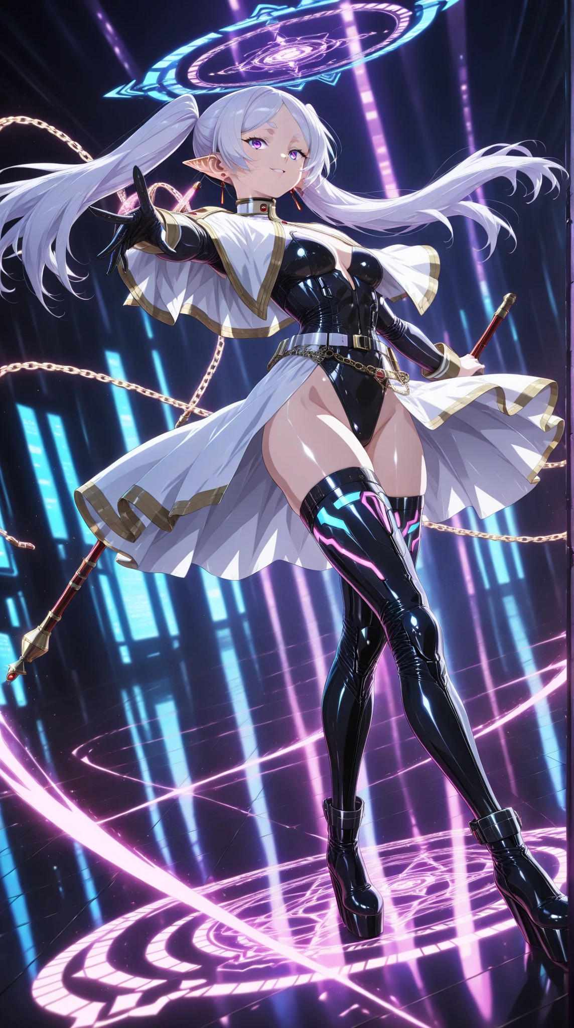 there is a girl dressed in a tight outfit holding a black object, 1girl, yukine chris, solo, rabbit ears, animal ears, breasts, long hair, playboy bunny, pantyhose, purple eyes, twintails, large breasts, fake animal ears, white background, cleavage, very long hair, full bodya very attractive anime women with long pink hair holds a knife and a pair of scissors, 1girl, yukine chris, solo, rabbit ears, animal ears, breasts, long hair, pantyhose, playboy bunny, microphone, purple eyes, large breasts, white background, twintails, cleavage, very long hair
