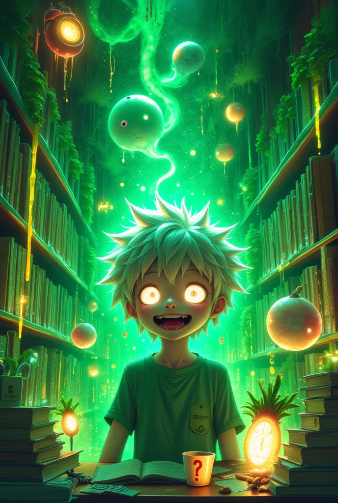 Anime-style medium shot, a glitchy high school student with spiraling ...