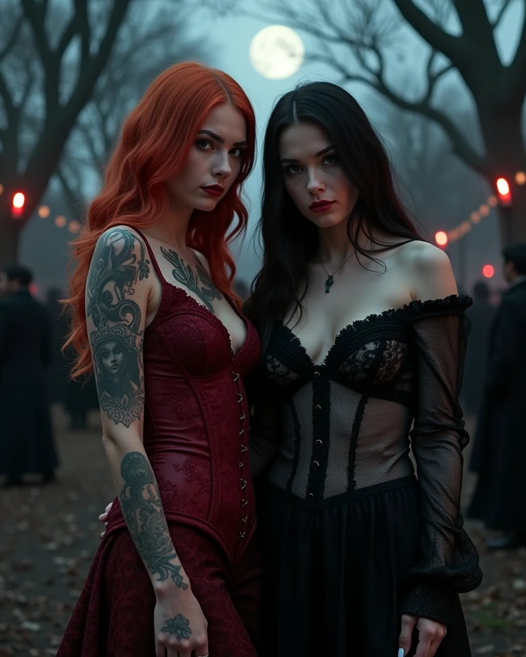Beautiful 20 year old woman, large tits, with short messy wavy red hair, wearing a red corset with black accents and black cloak, standing in a foggy cemetery at night, (red lipstick:1.5), realistic skin texture, (cross necklace:1.2), (looking at camera:1.3), (Circuit board and Gothic Art:1.4), photo realistic, 8k
