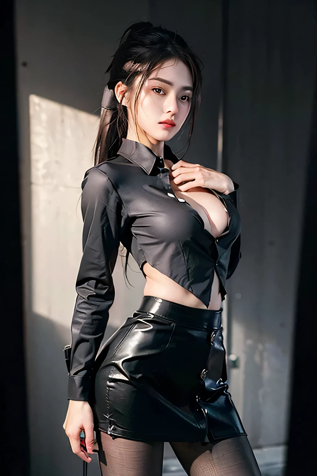 photorealistic, high resolution, soft light,1women, solo, hips up, (detailed face),tattoo, jewelry, Current School Classroom，At the podium，Wear classroom uniforms，wears glasses，Bigchest，low chest, long hair
