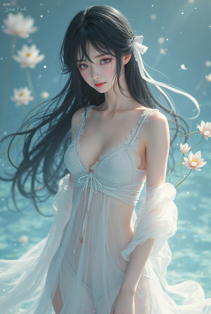 loose outfit、Show shoulders、Silver String Dresses、How to wear a silver gown、Decorated with intricate patterns and bright colors、Transparent material that makes the skin shine、Artistic depiction of seductive woman in gown with wet thin cloth and transparent skin, Floral and fantastic pattern with flowing silky traditional see-through skin。Her dress draped elegantly around her curvaceous figure、Emphasizes her charming silhouette。She's a gentle fireworks night、Dynamic Posing、Sexy Posing、bathed in the soft glow of moonlight。The scene is、With a hint of mystery and sensuality、It exudes an ethereal dreamy atmosphere。The image style is、Incorporates a blend of watercolor and digital illustration techniques.、It makes you feel delicate beauty and charm。Soft moonlit lighting、Cast gentle highlights and shadows on her mesmerizing features。Dynamic Posing、Bold poses、The hand is somewhere、see -through、show through、A sexy、Wet hair、Wet、(cherry trees、flower petals、cherryblossom、The cherry tree、Sakura Snowstorm 1.5)、buried、Transparent skin、Wet clothes、(Chest 1.2)、Navel Ejection、Swaying in the wind、Burgundy、pale red、(Slouch 1.5)、Lace colors、lace choker、a choker、Lie on your back on the surface of the water、