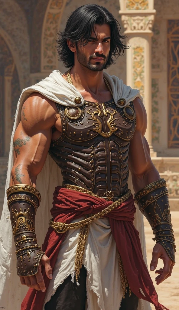 Herculean gladiator, bare chest, lower body revealed from thighs to feet, long curls cascading, meticulous muscle definition, photorealistic portrayal, 4K quality. Background: Colosseum in ancient Rome,32k uhd, best quality, masterpiece, super detail, high details