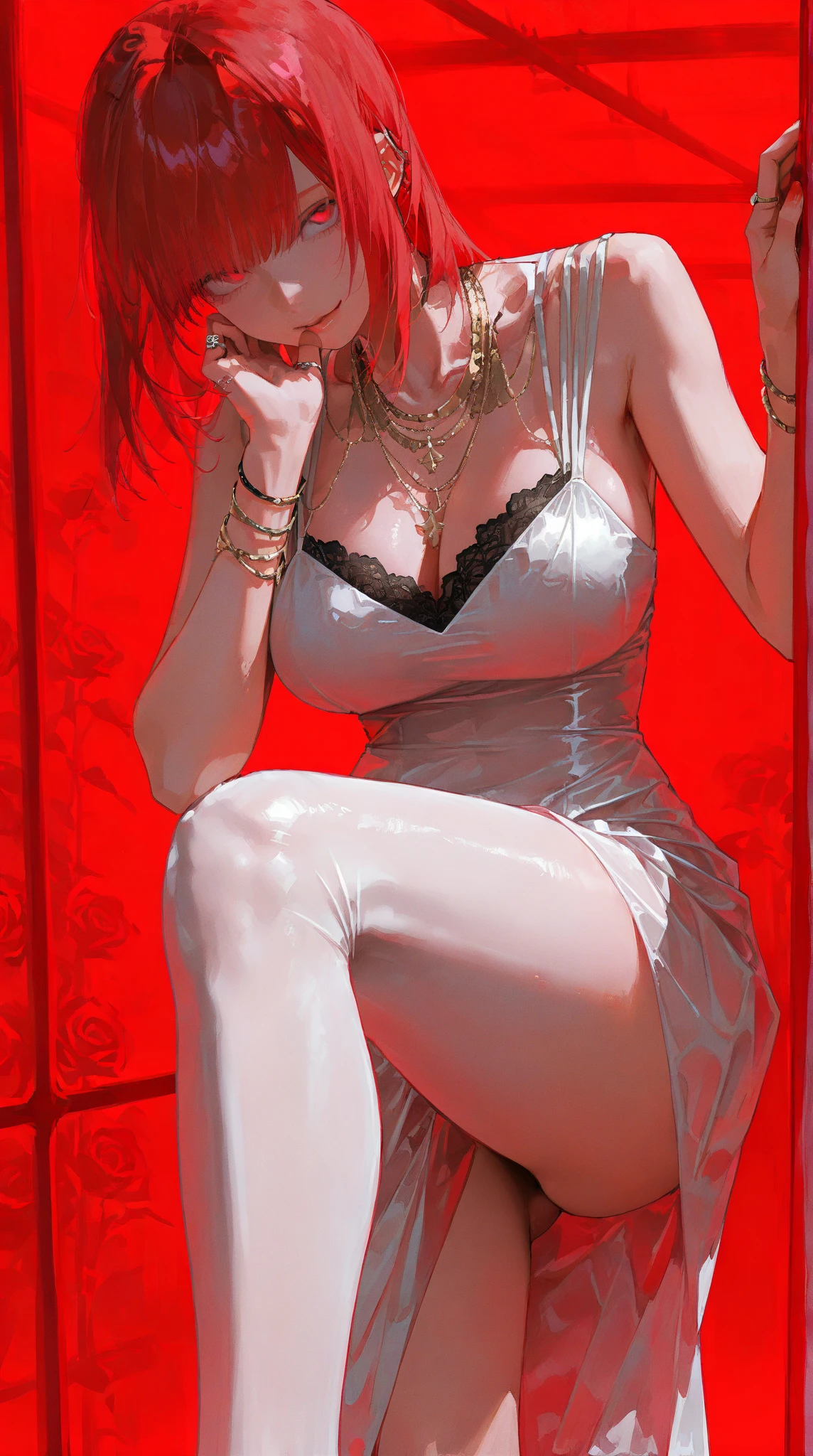 ((Highest quality)), ((masterpiece)), (Familiar), Hazy, Female,Mature Woman,Purple Hair, short hair, Low Ponytail, eye shadow, lipstick, Red eyes,,Erect nipples,Red Shirt,I can see her cleavage,Red and black jacket, White tight skirt,Red Heels