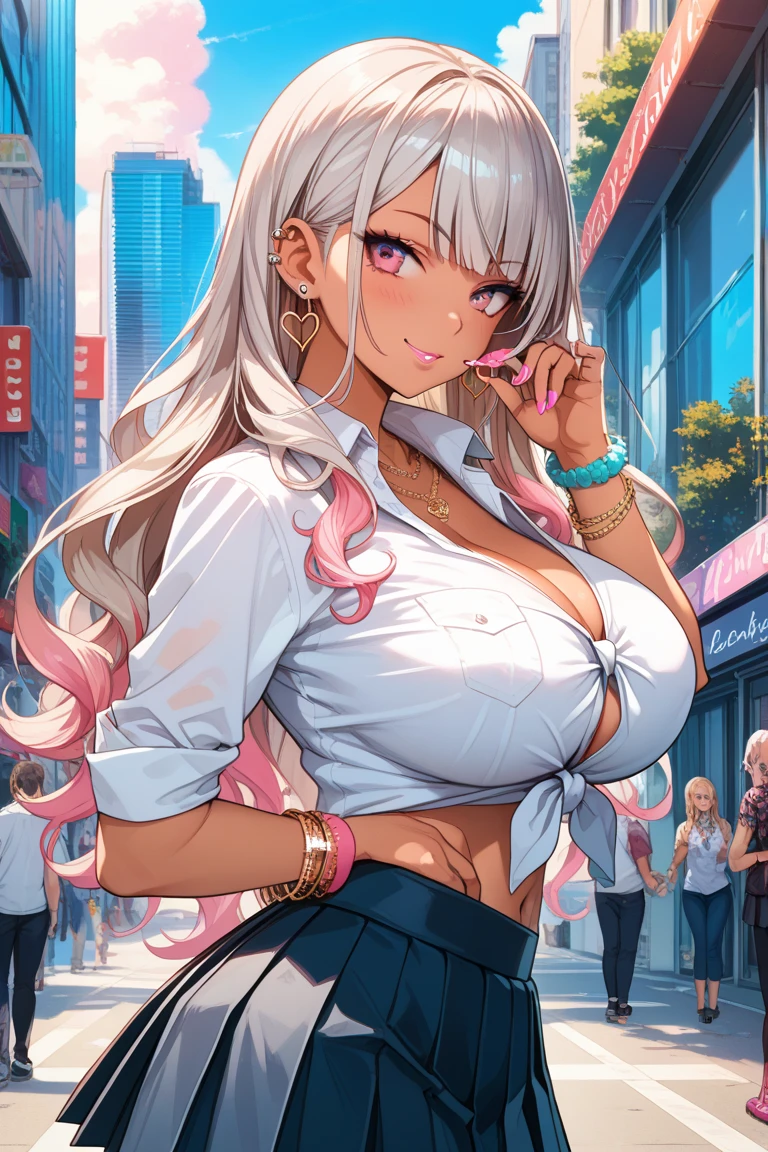 (day:1.7), outdoors, street,Cyberpunk_CityView, (very detailed background),
dynamic pose, , dynamic angle,
pink_eyes, pink_hair,twintails, hair ribbon,
dakini, (((dark_skin, gyaru, jewelry,cropped shirt, denim shorts))), navel cutout, ((underboob)),
1 girl, 20yo,mature female,Beautiful Finger,Beautiful long legs,Beautiful body,Beautiful Nose, perfect eyes, perfect face,(beautiful detailed aqua eyes),((mature female:1.1)),((milf:1.1)),make up,parted lips,(shiny skin:1.1),(perfect female body:1.2),(gorgeous detailed skin),(detailed hair),
looking at viewer, seductive smile, naughty face, tongue sticking out,
ray_tracing,intricate details,depth of field, extremely delicate and beautiful,
(Beautiful,large_Breasts:1.4), (beautiful_face:1.5),