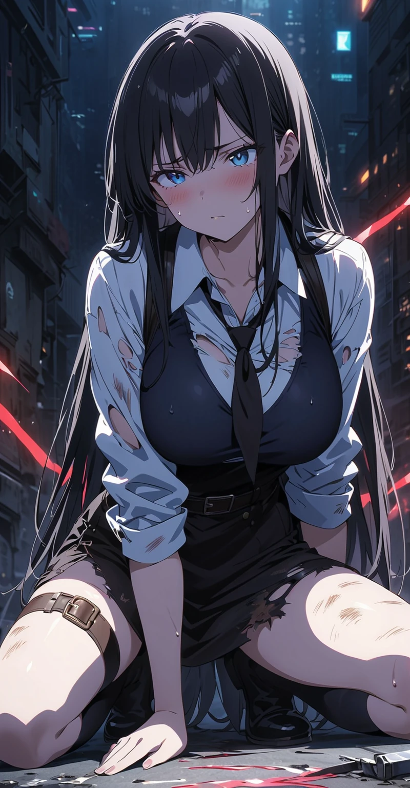 ((pov,penis,1 faceless male and 1woman,blow job)),((perfect anatomy:1.5,realistic,:1.3,RAW Photography:1.3,masterpiece、highest quality、Ultra - High resolution、High resolution、Highly detailed CG、8K)),(view from adove:1.3),1 female,solo,20-year-old,beauty of japan,beautiful detailed face and eyes,big and gorgeous eyes,gray eyes,(black hair,long hair,blunt bangs), (slender body,small head:1.4, skinny,medium breasts), glowing skin,oily skin,kneeling,looking up at viewer,((injury,torn clothes:1.4,Beaten bruises:1.5)),((white shirt with collar、long sleeve、navy blue tie、navy pleated mini skirt、barefoot)),outdoor、apocalyptic world、collapsed building、Tokyo、at night、