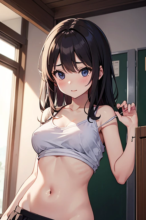 {{From Below}},{{{leaning forward}}},happy,(Photoreal:1.4),Changing clothes,{{high quality red bra:1.2}},black pleated skirt,School locker room,Decorated panties,緑 medium long hair,{{look far away}},{masterpiece,best quality,illustration},17 years old,beautiful medium size breasts 1:4,16 years old,{{beautiful baby pink eye1:4}},high school girl