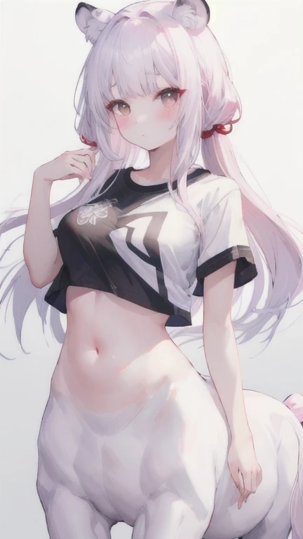(best quality, masterpiece), 1 girl, centaur, It takes, Crying, belly button t-shirt, 아름다운 소녀 perfect white tiger photo, perfect white tiger photo
