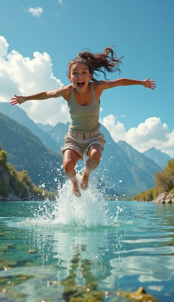 (8K, Original photography, Top image quality, masterpiece: 1.2), hyper HD, (Realistic, Photorealistic:1.37, RAW), realisticlying, A high resolution, softlighting. Tiny Girls, girl jumping into the water、Falling、jump into the water, diving to water surface
