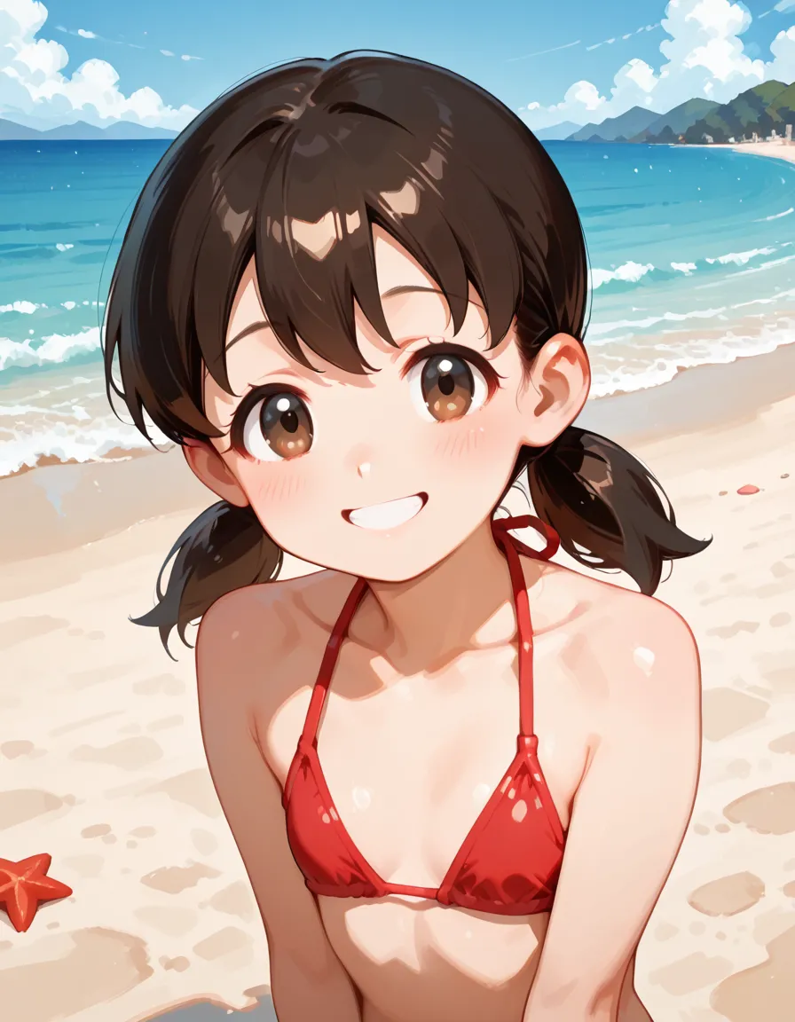 Highest quality、High resolution、Detailed Background、(Beautiful face in every detail:1.4)、Anatomically correct、Hide your fingers、(Detailed facial expressions)、Teenage beauty、(Highly detailed face:1.4)、cute hair color、Brown Hair、Black Hair、Braided bob cut、Braided Ponytail、Braided twin tails、well-groomed eyebrows、A big smile、Uplifting、Cute gestures、A fun atmosphere、
Summer sun、Shining Sea、Small footprint、Walking on the beach、
Enjoy splashing around on the shore、Take off your sandals and jump into the sea、Running around holding hands with friends、
The sea breeze makes my heart feel light、Smiling and innocent play、Endless blue sky and sea、Everlasting summer memories、
(Two girls playing innocently on the beach:1.5)、
Vivid color frill bikini、Cute frilled bikini、We recommend vivid colors such as bright pink and blue.、
Striped one-piece swimsuit、Sporty and casual atmosphere、Short length or A-line style、
Ribbon design tankini、Tankini with ribbon on the tank top、It is both cute and sporty.、Pair your bottoms with shorts、
Bikini with flower print、Floral and tropical bikinis、A glamorous and feminine impression、Even though the design is simple, the pattern creates a cute look.、cute